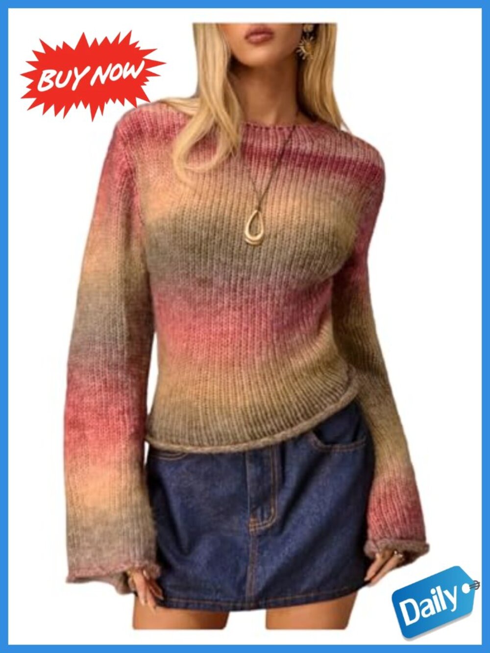 Y2k Ombre Ribbed Sweater Bell Long Sleeve Slim Fit Pullover Top